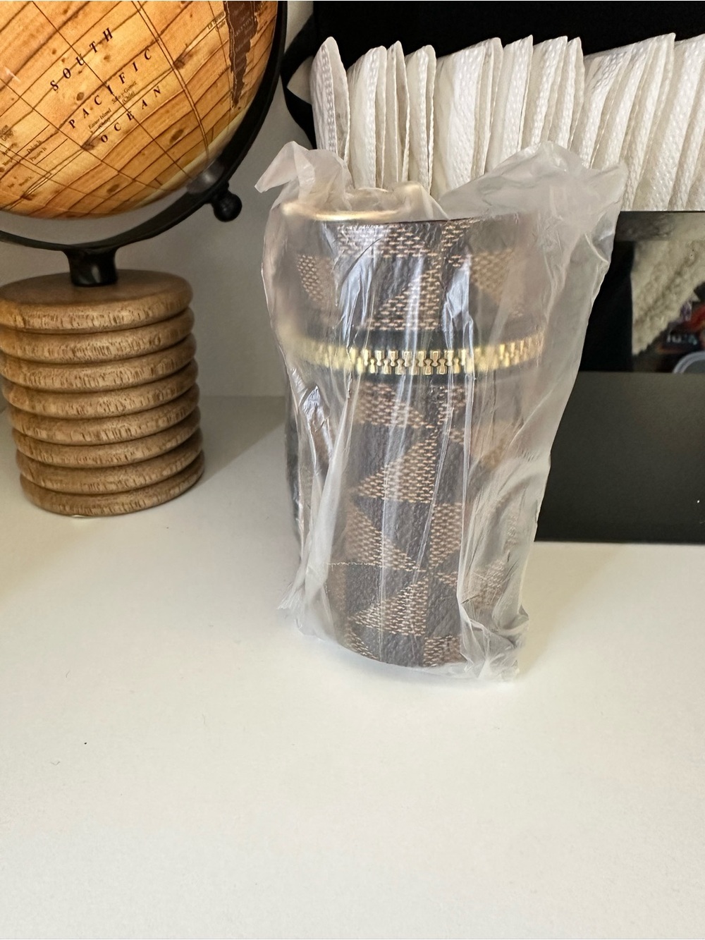 Brown Checkered Purse, Charm Case with Gold Trim